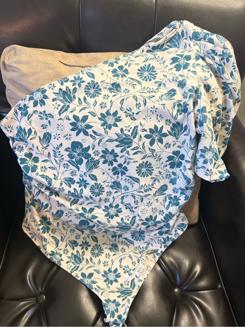 Intimately Free People Cream/Blue Floral One-Shoulder Bodysuit - Size XL